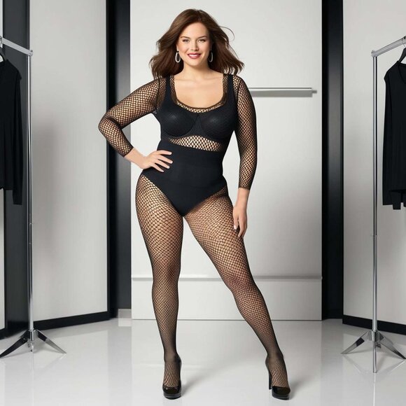 Plus Queen Fishnet Bodystocking Womens Black or Pink  Long Sleeve Hosiery - Picture 3 of 7